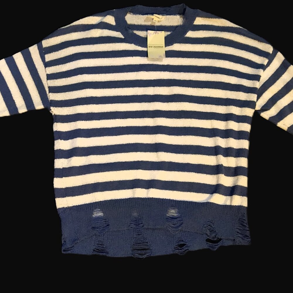 NWT ee:some Ripped Blue and White Striped Sweater Large